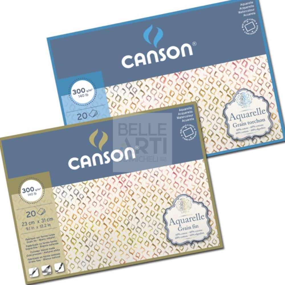 BLOCCO CARTA PER ACQUARELLO " AQUARELLE " GRANA FINE 60% COTONE F.TO 23X31 CM 20 FG. 300 GR.
